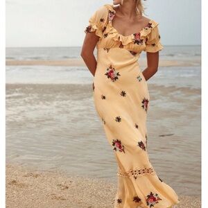 Free People BALI Santa Cruz Ruffle Dress Golden Sands Yellow Maxi Dress Size XS